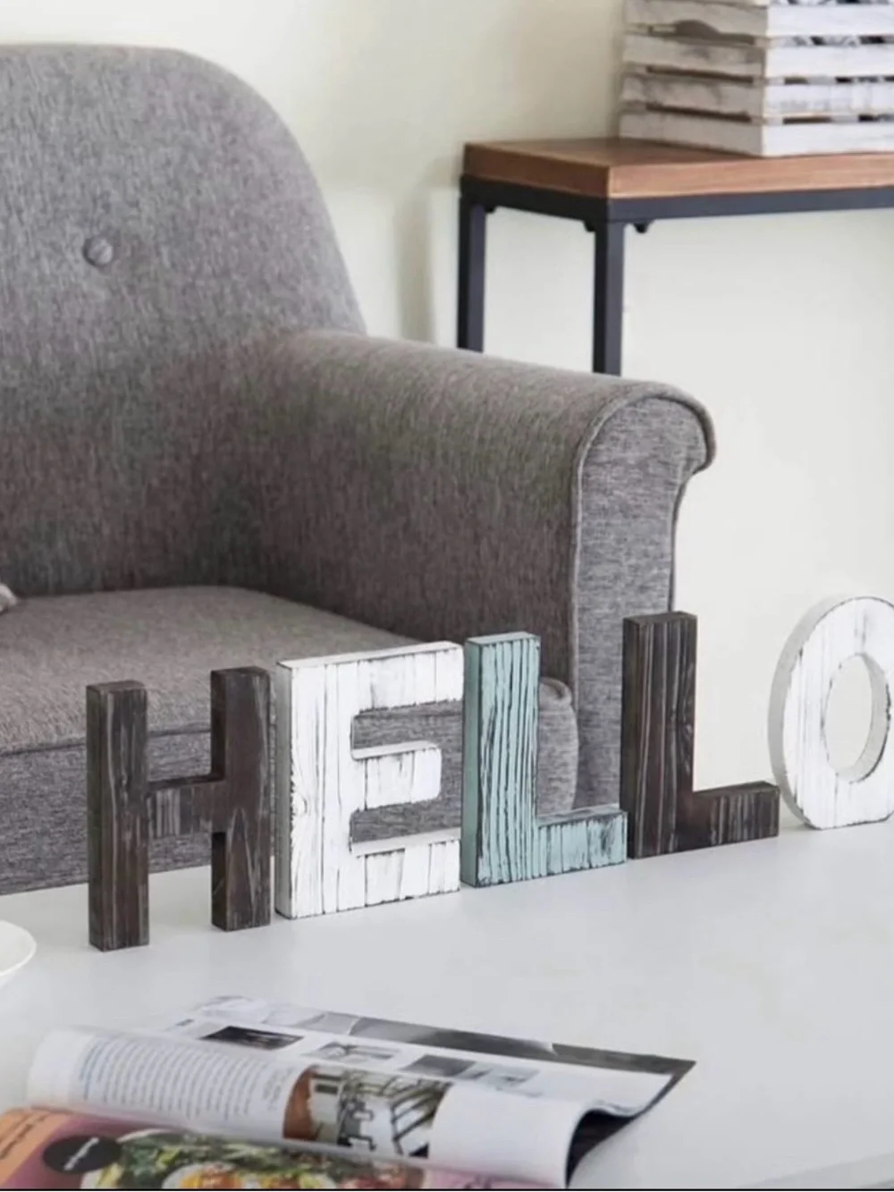 Rustic HELLO Wooden Letter Set in White, Brown & Light Blue